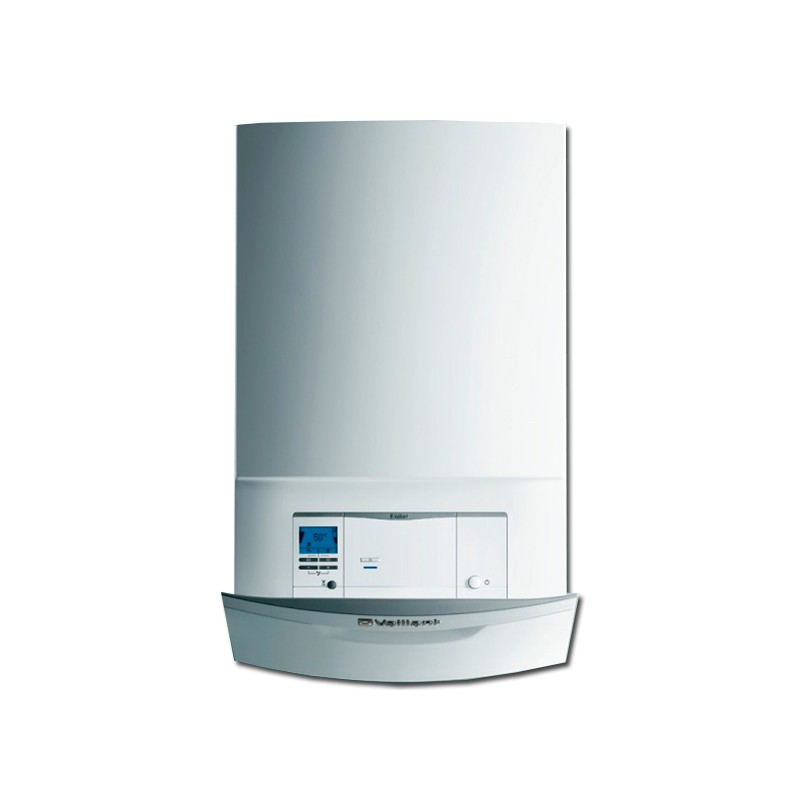 Caldera de condensación VAILLANT ecoTEC plus VMW ES 346/5-5. Mixta con microacumulación. Hasta 300 metros cuadrados. Incluye plantilla + kit de evacuación. Potencia en calefacción 30 kW y en agua caliente sanitaria 34 kw. Caudal de agua de 19,5 l/min. Clasificación energética A. Clase NOx 6.